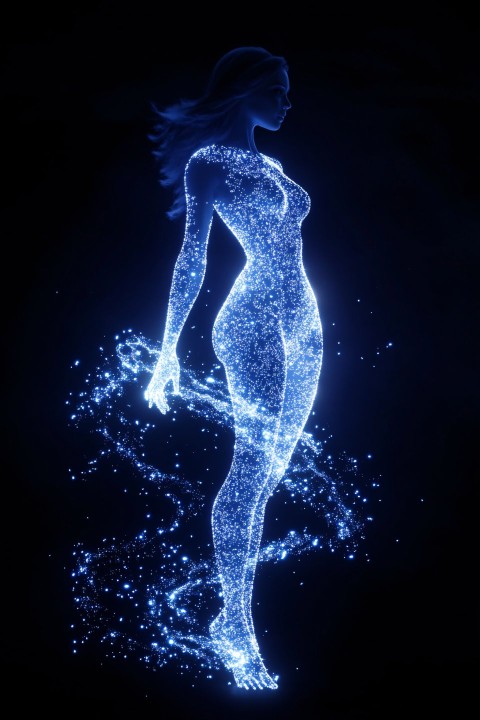 Elegant Female AI Hologram in Cyberpunk Light Dress