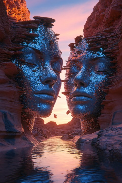 Surreal Female Heads in Mars Desert with Cosmic Elements