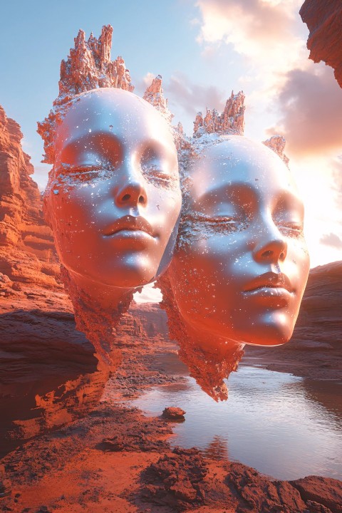 Surreal Woman Heads Emerging in Mars Desert Sunset