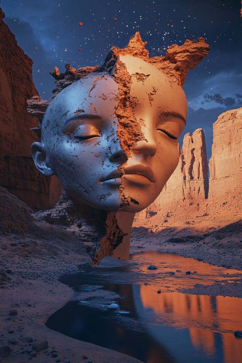 Surreal Female Heads Emerging from Mars Desert Landscape