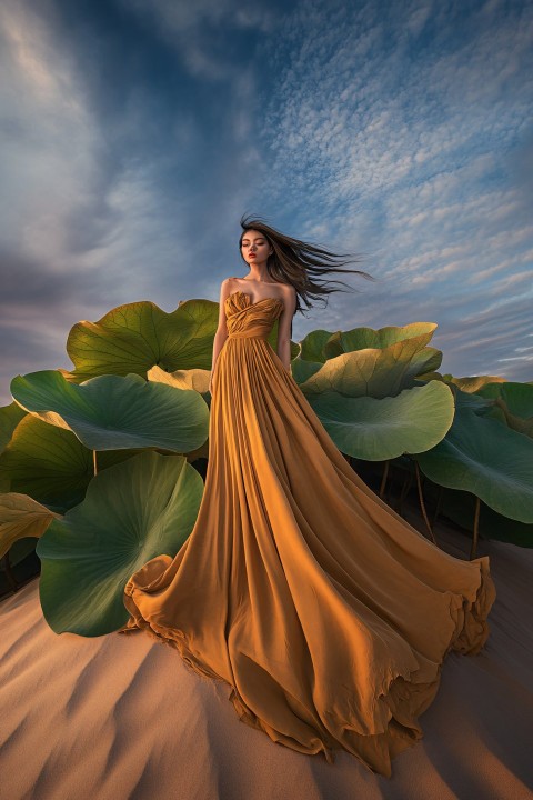 Woman Wrapped in Giant Lotus Leaves on Sand Dune