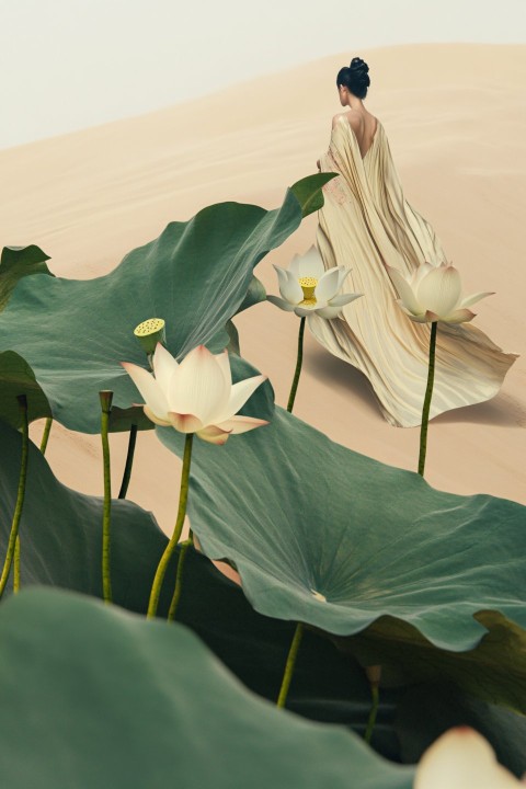 Huge Lotus Leaves Wrapped Around Woman on Sand Dune