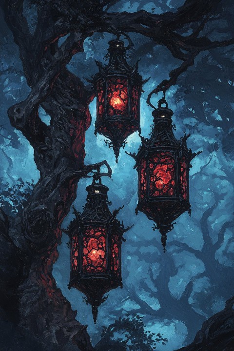 Red Cast Iron Street Lanterns in Misty Night Scene