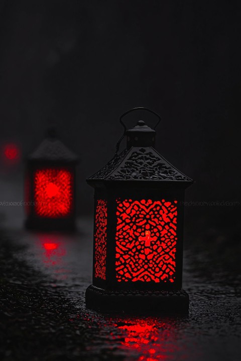 Red Cast Iron Lanterns in Misty Thomas Kinkade Scene