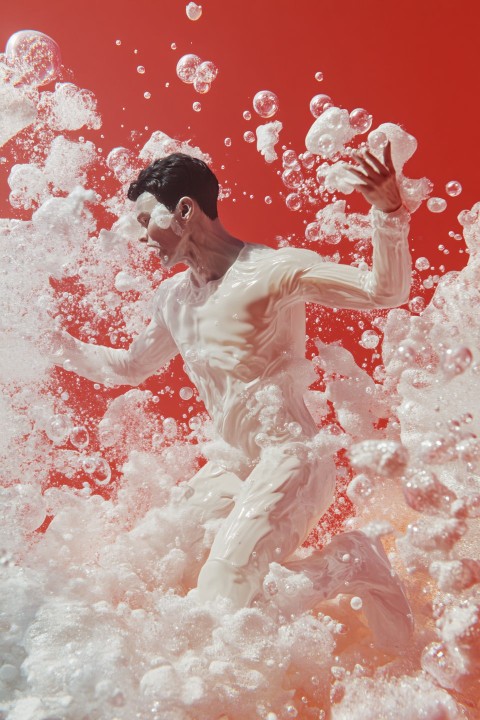 Escaping Figure from Exploding Bubble on Red Background