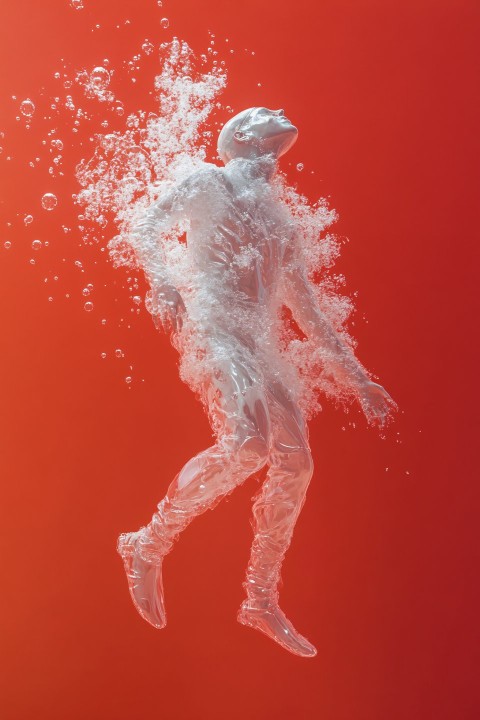 Man Exploding Bubble Against Red Background