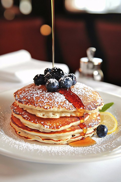 Fluffy Pancake Stack with Syrup and Blueberries