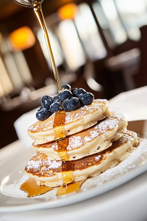 Fluffy Pancakes with Syrup and Blueberries Food Photography