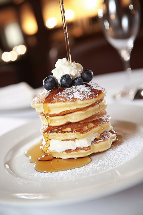 Stack of Fluffy Pancakes with Syrup and Blueberries