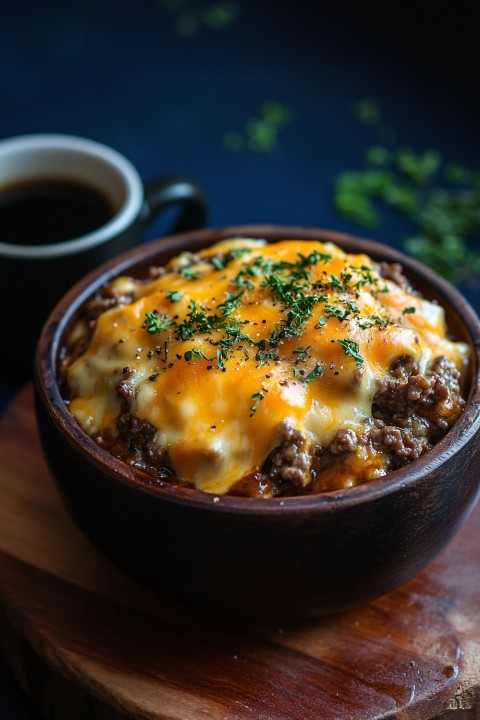 Shepherd's Pie with Melted Cheddar in Rustic Bowl