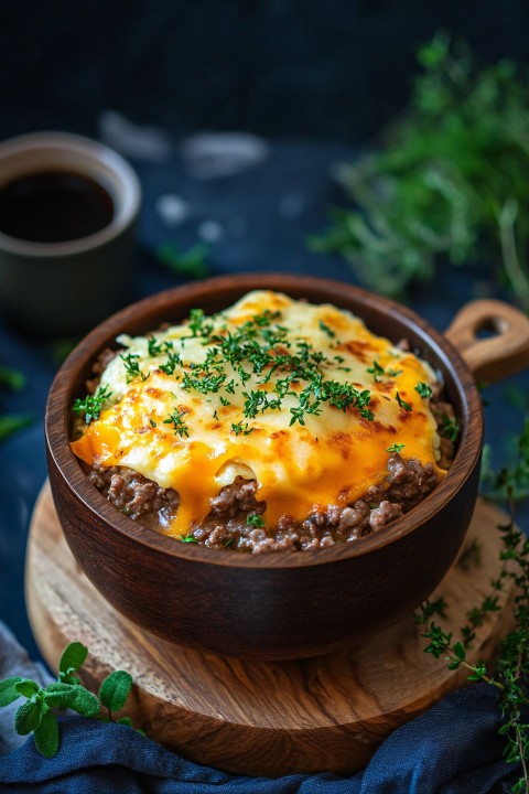 Shepherd's Pie with Cheddar Cheese in Rustic Wood Pot