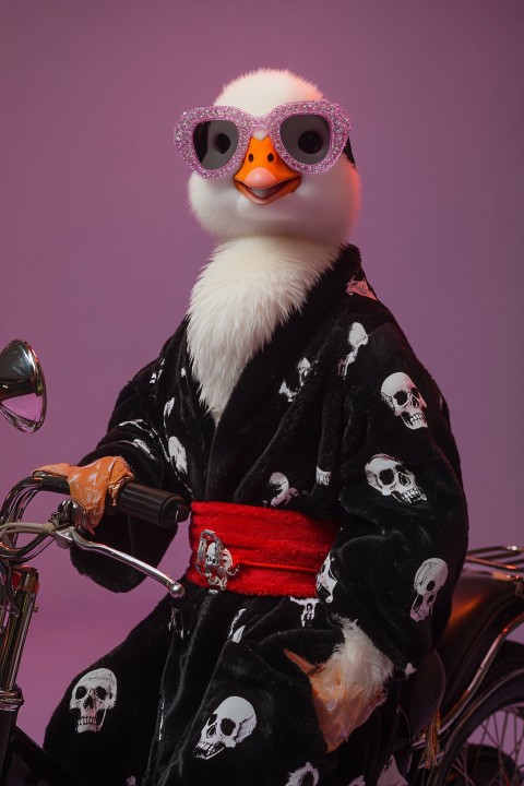 Cute Goose in Versace-Style Robe Riding Motorbike Portrait