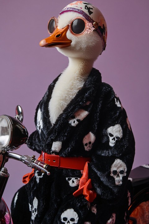 Goose in Versace-Style Robe on Motorbike