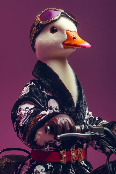 Cute Goose in Versace-Style Robe on Motorbike Portrait