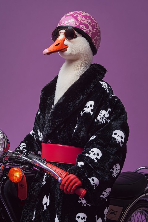 Goose in Fashion Bathrobe Riding Motorbike