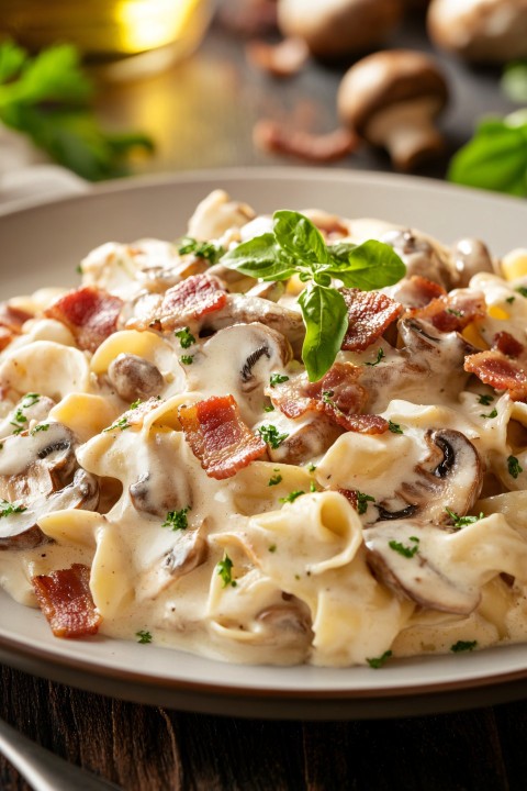 Creamy Mushroom and Bacon Stroganoff in Rich Cream Sauce