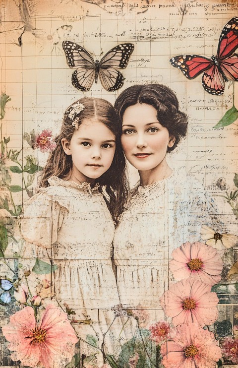 Vintage Junk Journal with Flowers, Butterflies, Mother and Daughter