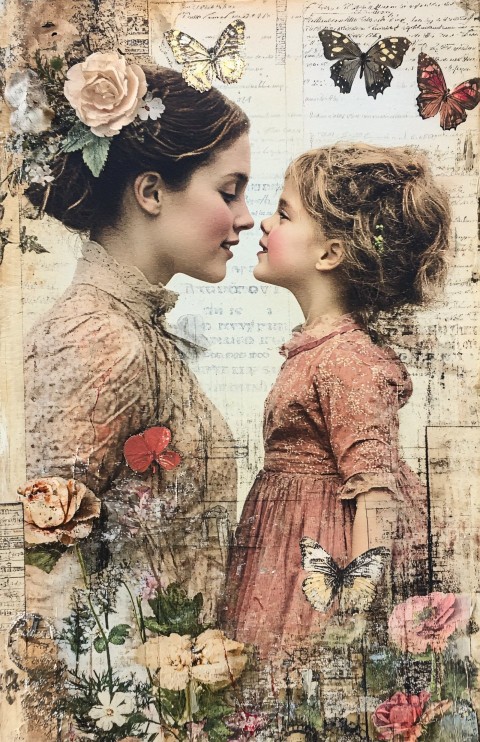 Vintage Junk Journal with Flowers, Butterflies, Mother & Daughter