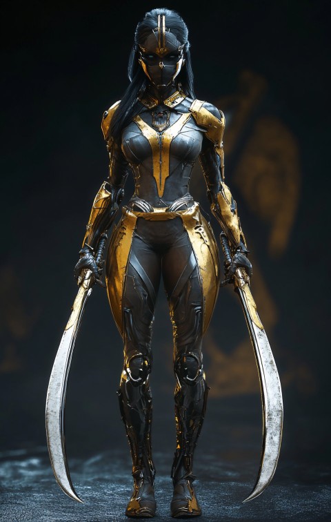 Indian female cyborg warrior with gold and bronze armor