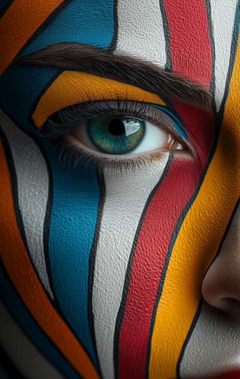 Close-Up Artistic Face Paint with Vibrant Stripes