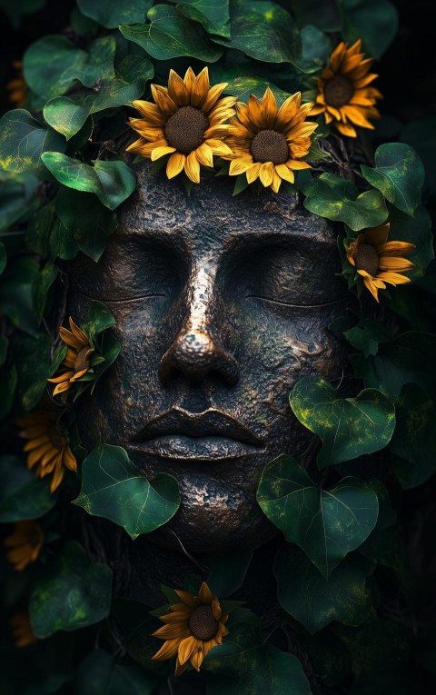 Bronze Statue Covered in Vines and Sunflowers