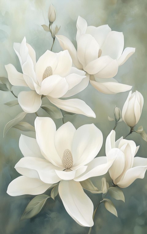 Elegant Magnolia Petals on Misty Green Background