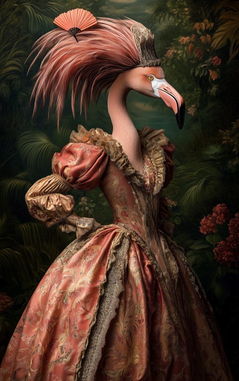 Elegant Flamingo in Renaissance-Style Gown