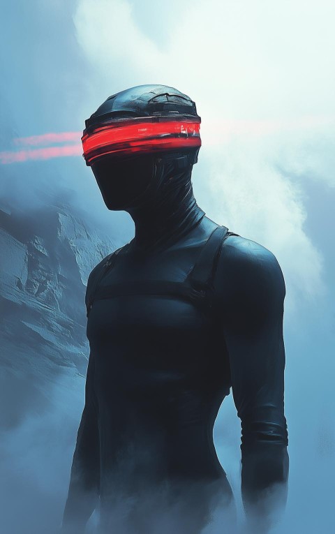 Mysterious Figure in Black with Red Visor