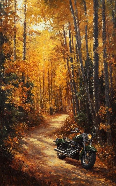 Lone Motorcycle in Autumn Forest