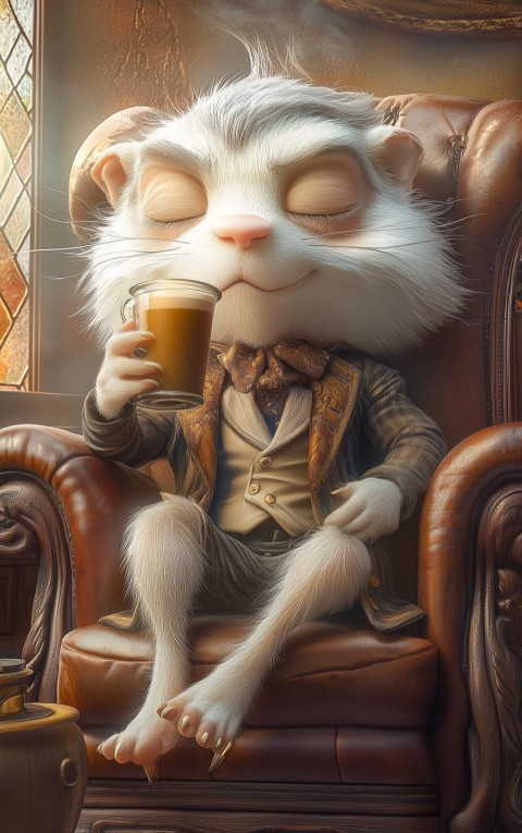 Sleepy Weasel Enjoying Coffee in Armchair