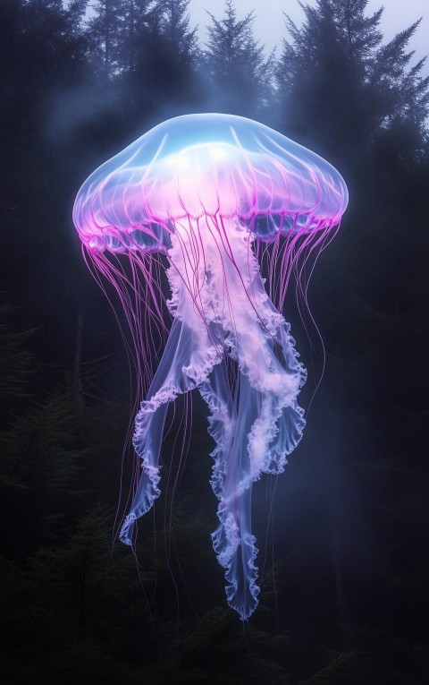 A delicate translucent jellyfish with iridescent