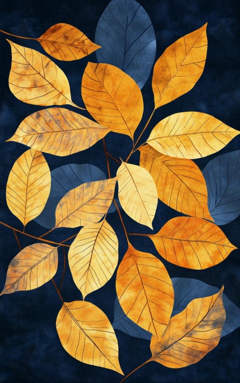 Golden Autumn Leaves Against Navy Blue Background