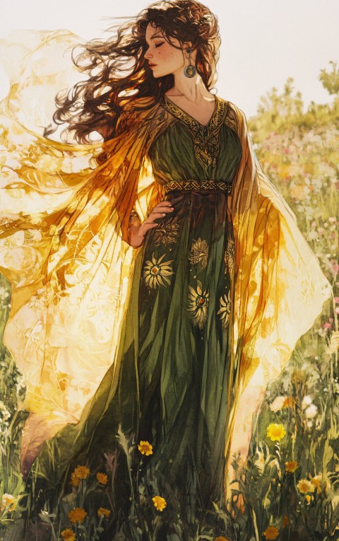 Bohemian Woman in Flowing Dress on Hillside