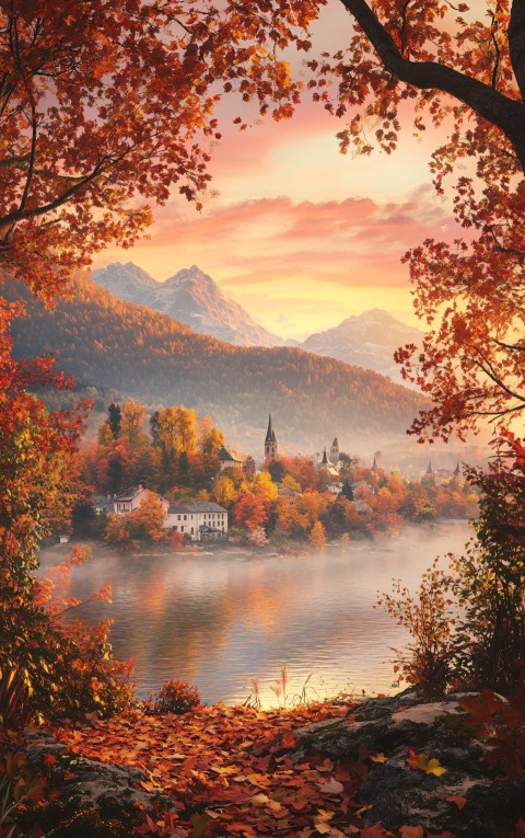 Autumn Countryside Landscape at Dawn in Vintage Style