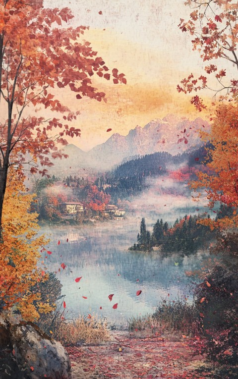 Autumn Countryside Landscape with Fog and Mountains