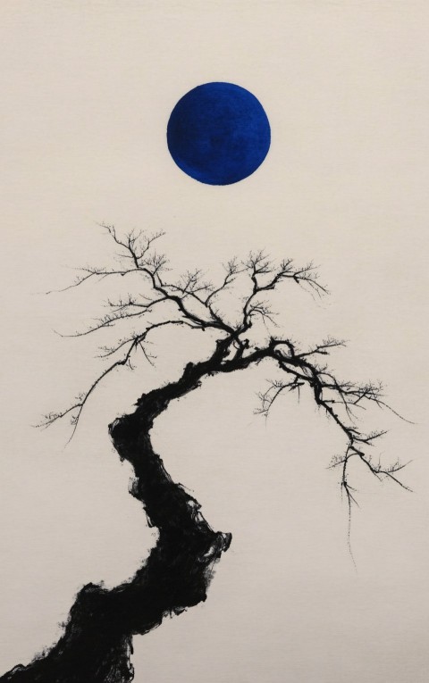 Japanese Ink Tree Drawing with Blue Sun