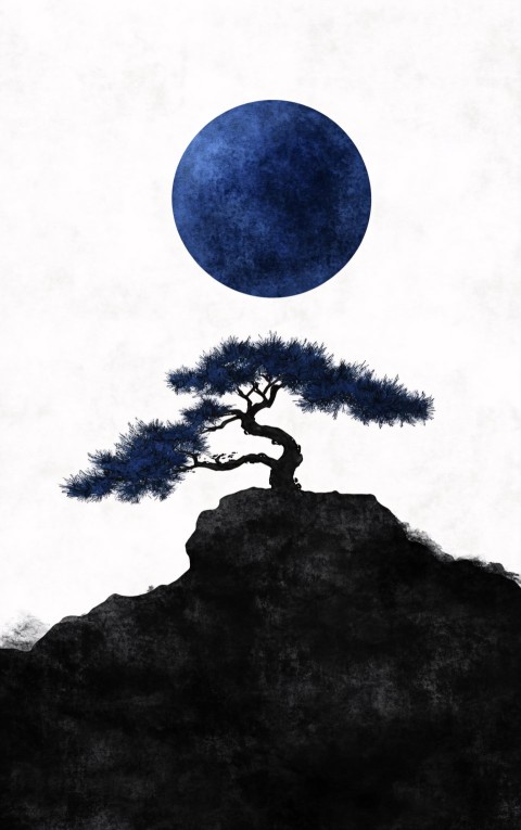 Japanese Black Ink Tree Drawing with Blue Sun