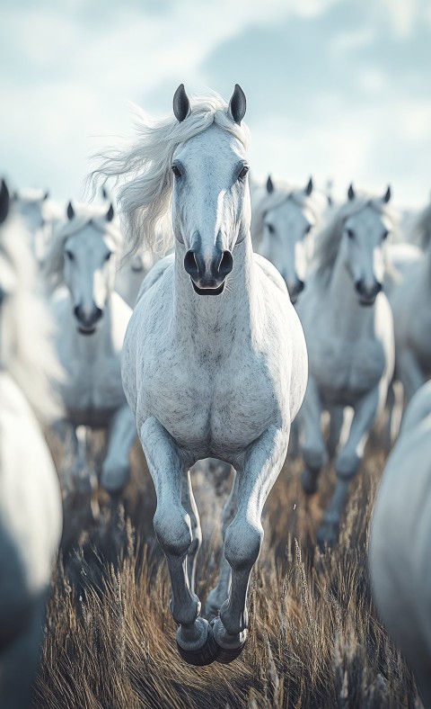 Black Horse Among Herd of Running White Horses