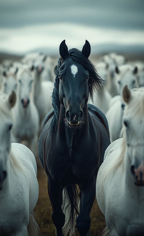 Black Horse Among Herd of White Horses Running