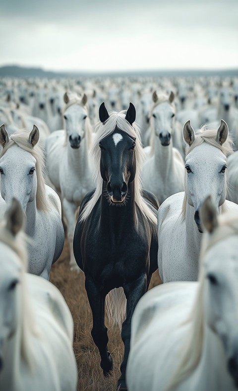 Black Horse Leading Herd of White Horses Running