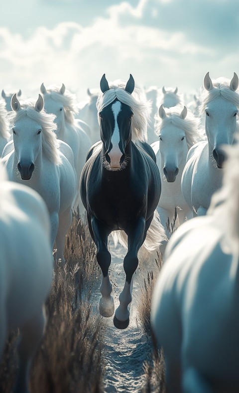 Black Horse Among Running Herd of White Horses