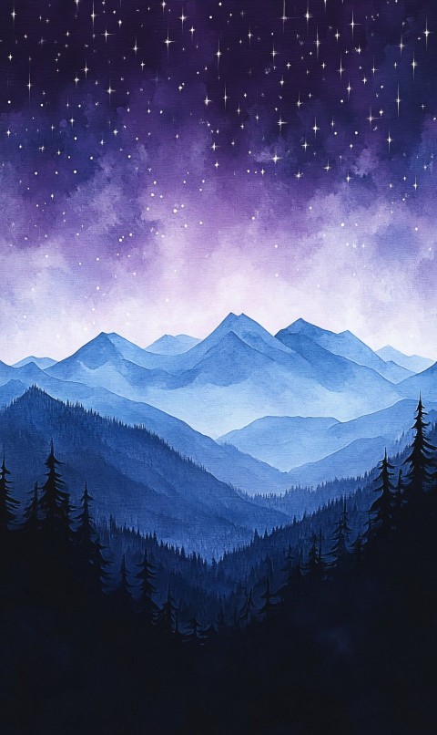 Twilight Sky with Starry Silhouette Mountain Peaks