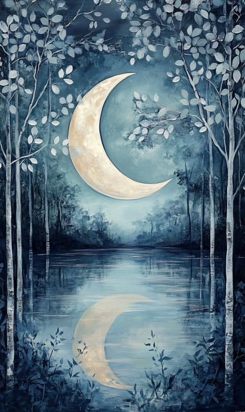 Radiant Crescent Moon Reflection in Serene Dreamlike Lake