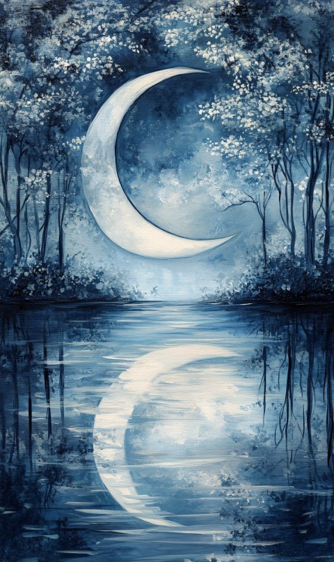 Shimmering Crescent Moon Reflected on Serene Lake