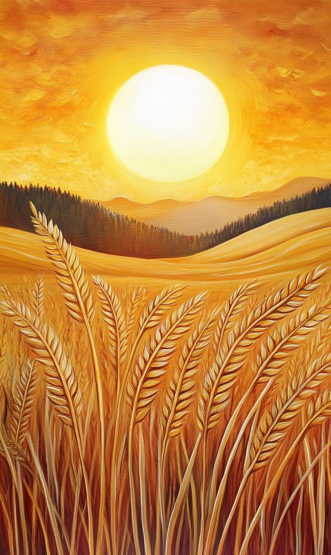 Golden Sunset Over Wheat Field, Storybook Style