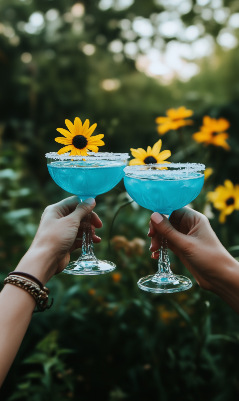 Cheers with Blue Cocktails and Sunflower Garnish in a Summer Garden