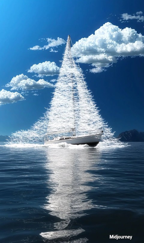 White Sailing Boat Under "Midjourney" Cloud Writing in Sky