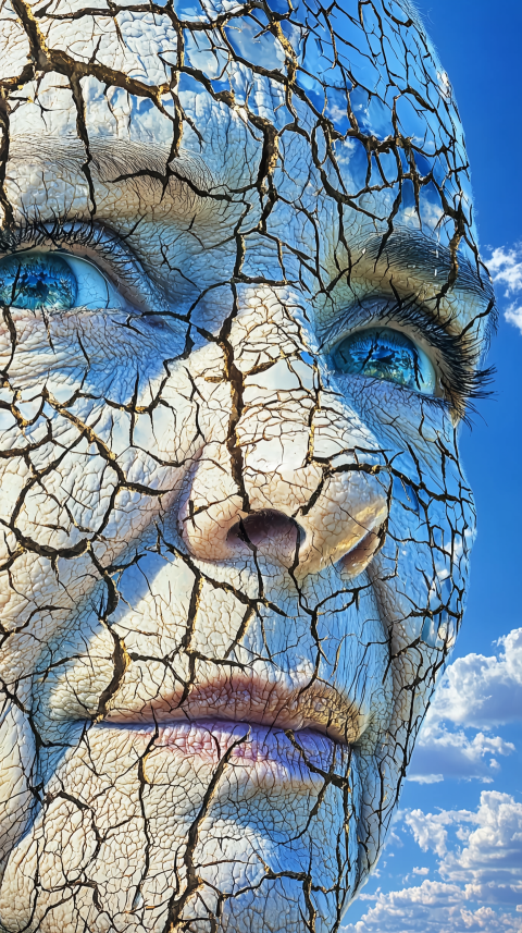 Close-Up of Cracked Face with Blue Sky Reflection