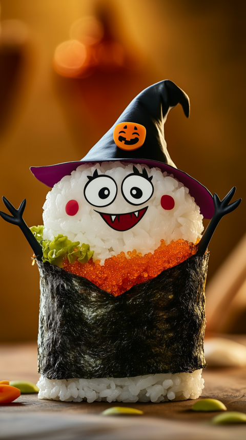 Halloween-Themed Sushi Roll with Witch Hat and Seaweed Cape