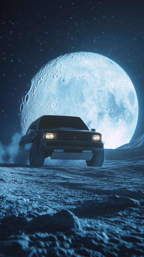 SUV Speeding Across the Moonlit Surface with a Giant Moon in the Background